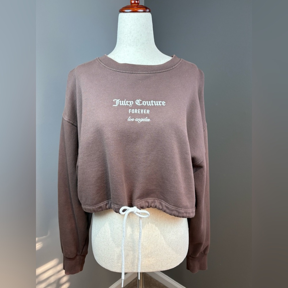 Juicy Couture Cropped Sweatshirt Size M Brown Embroidered Text Adjustable Waist